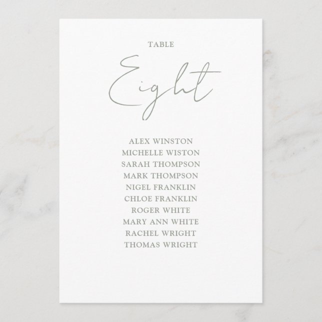 Élégant Sage Green Seing Chart Numéro de table (Devant)