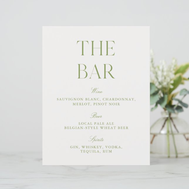 Elegant Sage Green & White 8.5x11 Wedding Bar Sign (Debout devant)