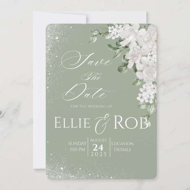 Elegant Sage Green White Floral Save The Date (Devant)