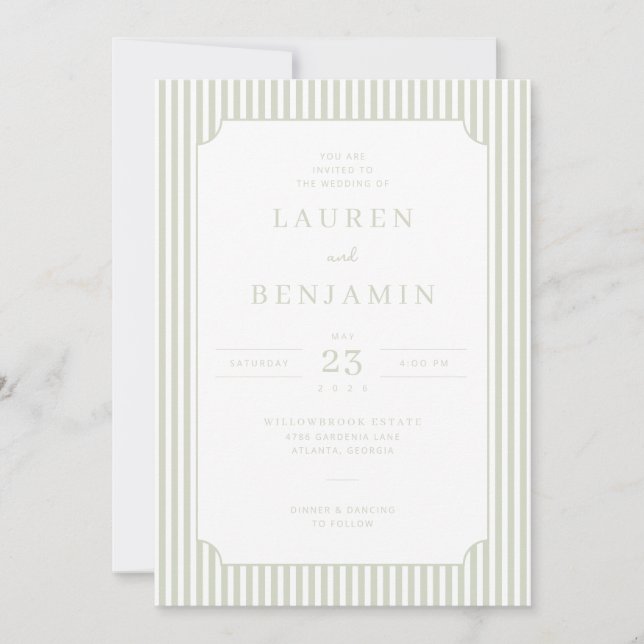 Elegant Sage Striped Wedding Invitation (Devant)