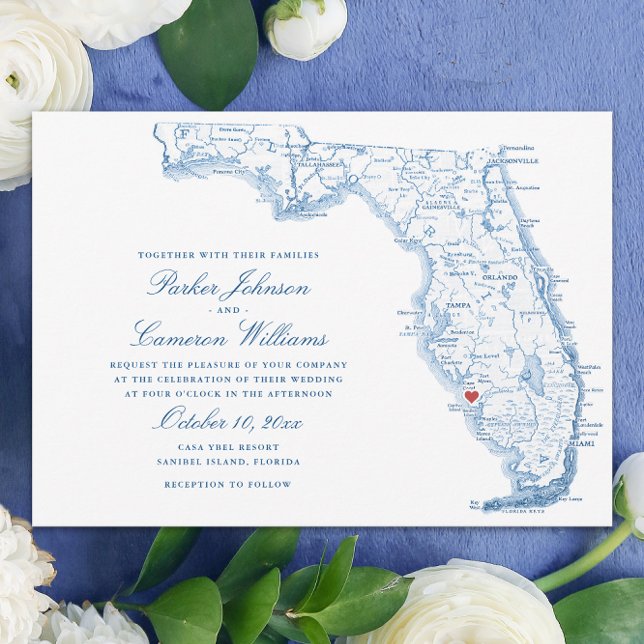Elégant Sanibel Island Florida Carte Mariage (Elegant Sanibel Island Florida Wedding Invitations in navy blue from Coastal Map Designs)