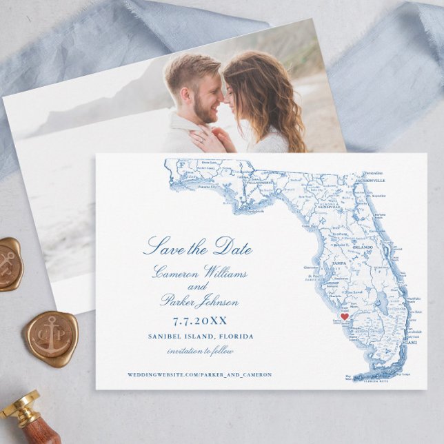 Elegant Sanibel Island Floride Mariage Navy Carte (Elegant Sanibel Island Florida Wedding Save the dates in navy blue from Coastal Map Designs)