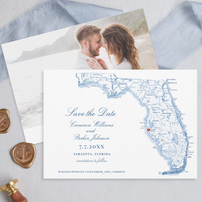 Elégant Sarasota Florida Mariage Navy Carte (Elegant Sarasota Florida Save the Date with navy blue map from Coastal Map designs
)