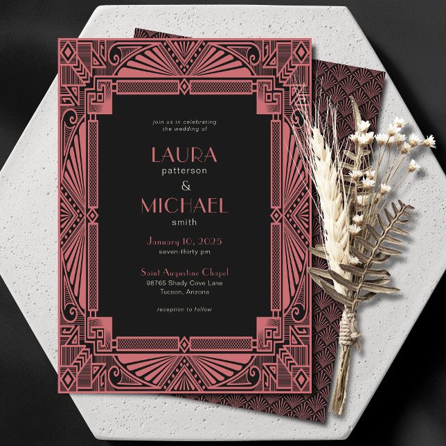 Elégant Saumon Vintage Déco Black Invitation (Créateur téléchargé)