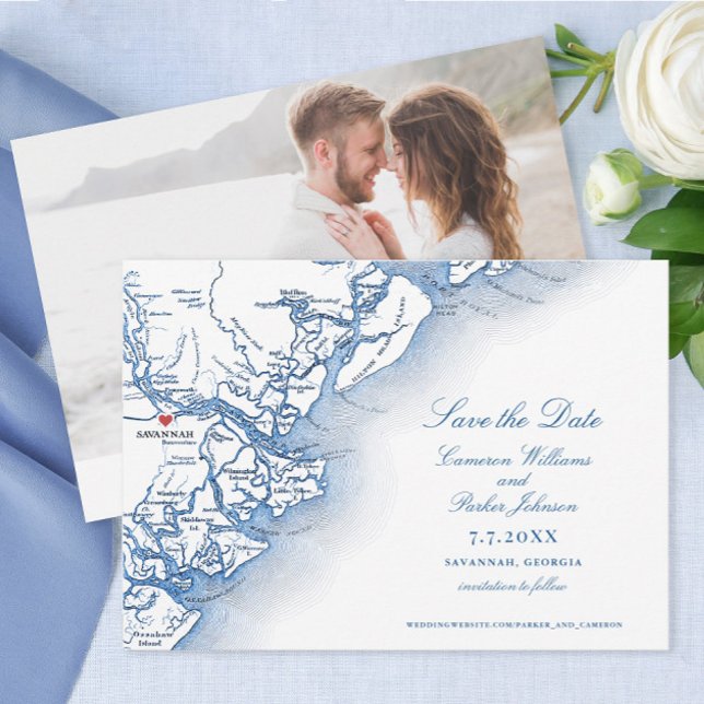 Elegant Savannah Géorgie Mariage Navy Carte (Elegant Savannah Georgia Map Save the Dates with classic navy typography and photo from Coastal Map )