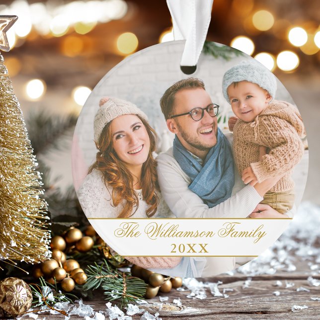 Élégant Script 2 faces Photo Christmas Gold (Customize with your name, year and photos.)