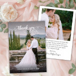 Élégant Script 2 Mariage photo Carte de remercieme<br><div class="desc">Moderne Élégant Chic Calligraphie Script Mariage 2 Carte de remerciements photo. Mariage moderne élégant merci modèle avec une photo verticale complète sur le devant avec le texte "Merci" dans une main tourbillonnant fantaisie lettrage typographie swash tail script de police en blanc superposition sur l'image. Carte recto verso avec 2 photos....</div>