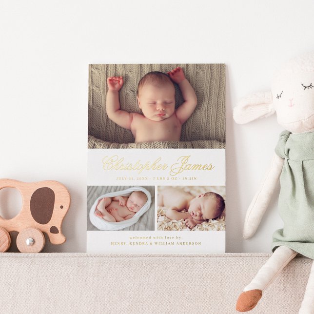 Élégant Script 3 Photo Collage Faire-part de naiss (Créateur téléchargé)