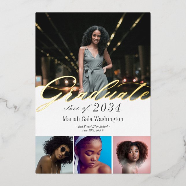 Élégant Script 4 Photo Graduation Faire-part (Recto)