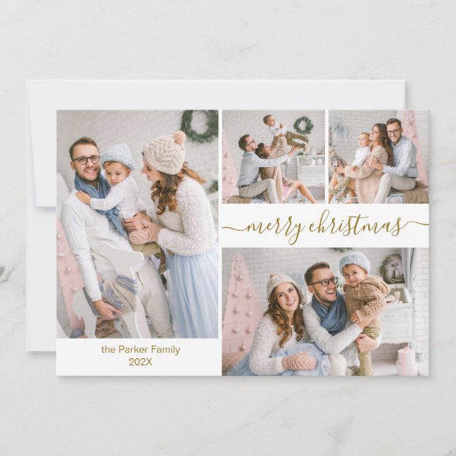 Élégant Script 5 Photo Collage Cartes de Noël (Devant)