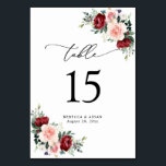 Élégant Script Aquarelle Floral Numéro de table<br><div class="desc">Conçue pour coordonner avec notre collection Romantic Blooms, cette carte de numéro de table personnalisable présente des flancs bordeaux et roux à feuilles verdoyants et associée à un script élégant et une police serif élégante en noir. Pour effectuer des modifications avancées, accédez à l'option "Modifier à l'aide de l'outil de...</div>