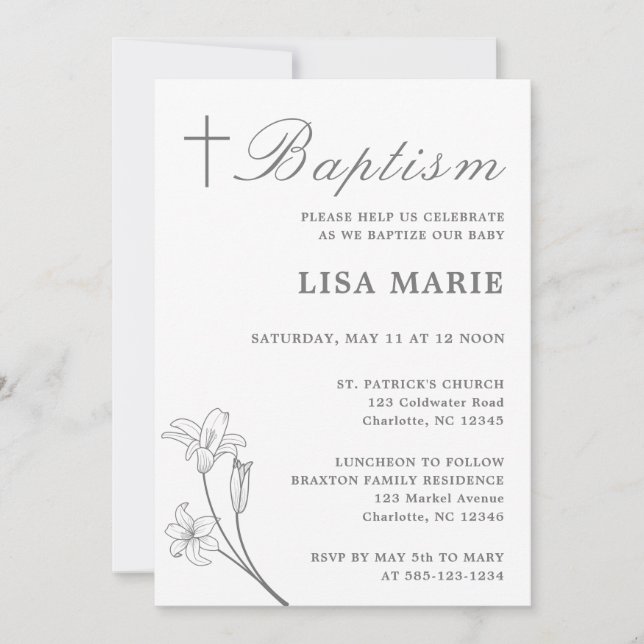 Élégant Script Baby White Baptism Invitation (Devant)