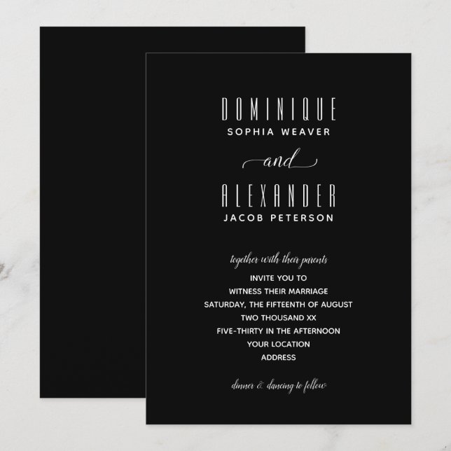 Élégant Script Black and White Wedding Invitations (Devant / Derrière)