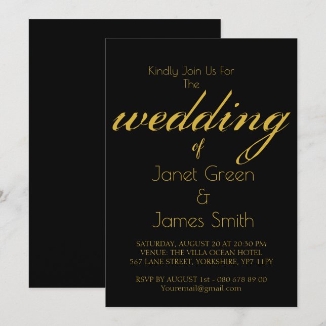 Élégant script Black & Gold Invitation (Devant / Derrière)