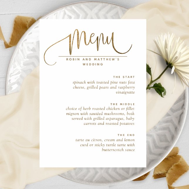 Élégant script, blanc et Mariage or menu (Créateur téléchargé)