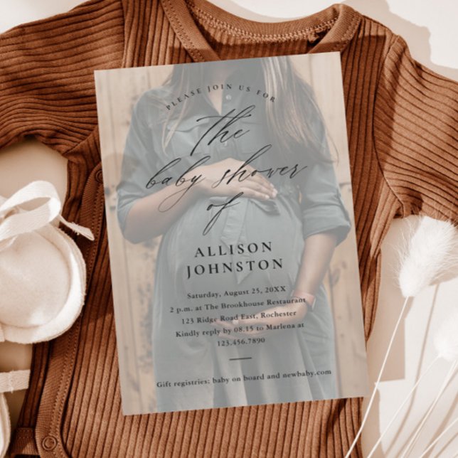 Élégant Script Budget Photo Baby shower Invitation (Elegant script overlay budget photo baby shower invitations.)