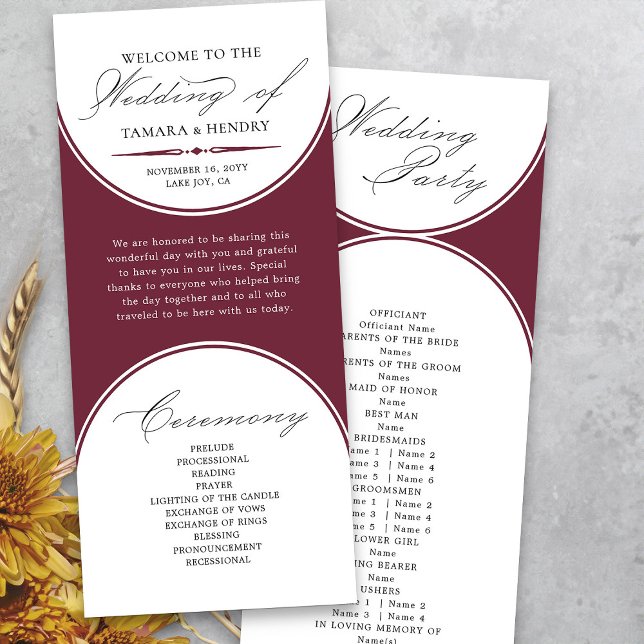 Élégant Script Burgundy Arch Wedding Programme (Modern arches burgundy wedding order of service program from my Wedding Colors collection)