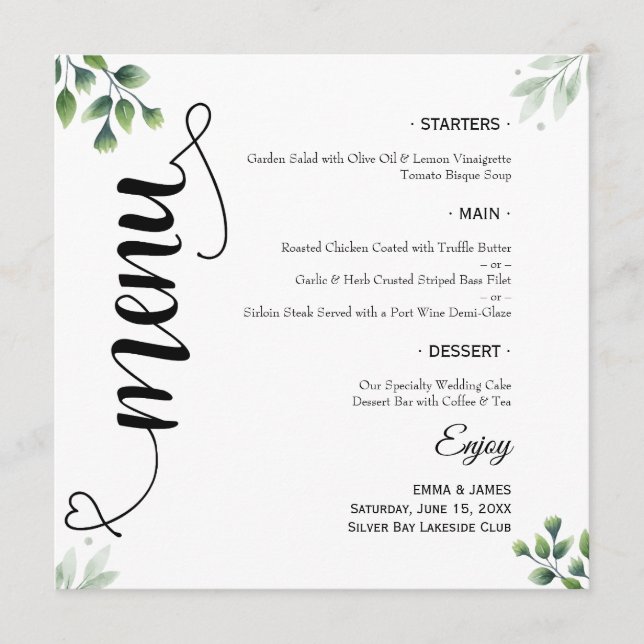 Élégant Script de verdure Menu Plat Mariage Rond (Devant)