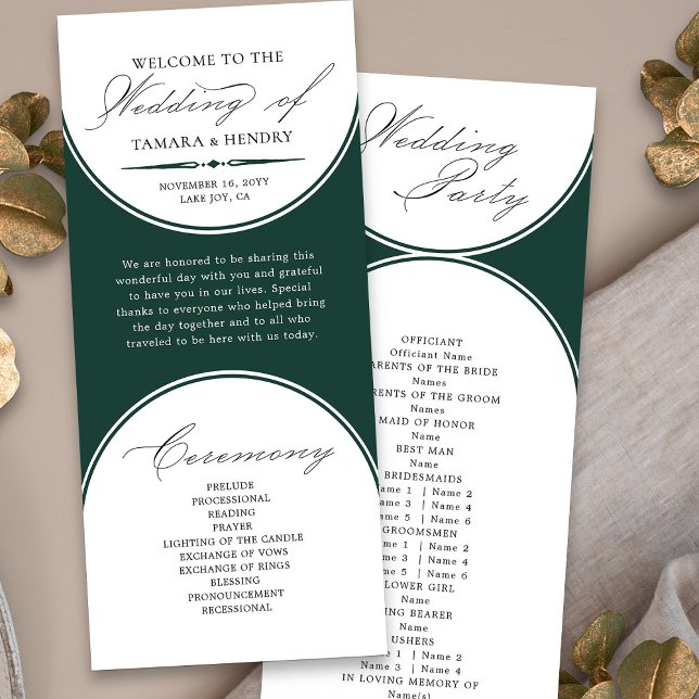 Élégant Script Emerald Green Arch Wedding Programm (Elegant wedding program order of service in emerald green from my Wedding Colors collection)