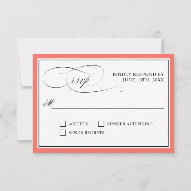 Élégant script fleurit RSVP Coral Bordure (Devant)