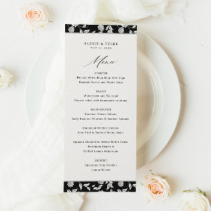 Élégant Script Floral noir blanc menu Mariage