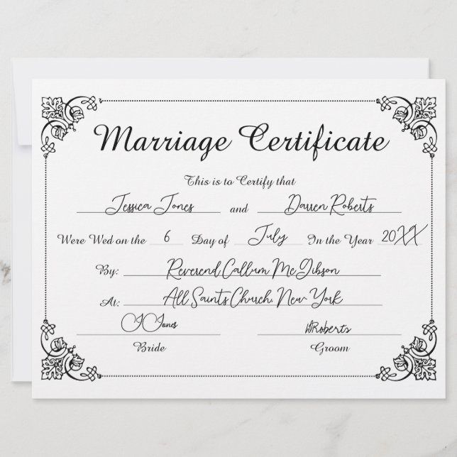Élégant Script Floral rempli certificat de mariage (Devant)