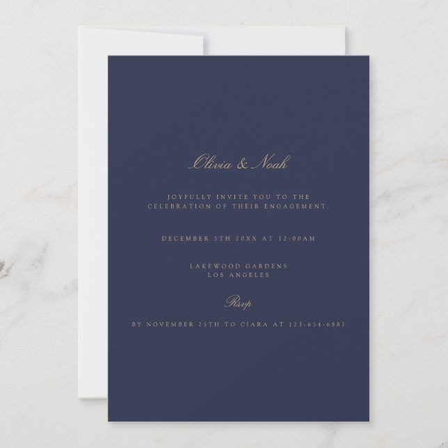 Elégant Script Gold & Navy Fiançailles Invitation (Devant)