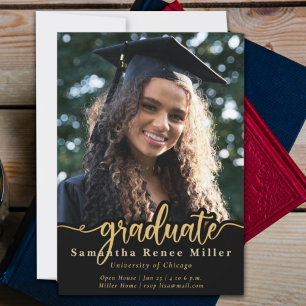Elégant Script Gold Photo Graduation Invitation