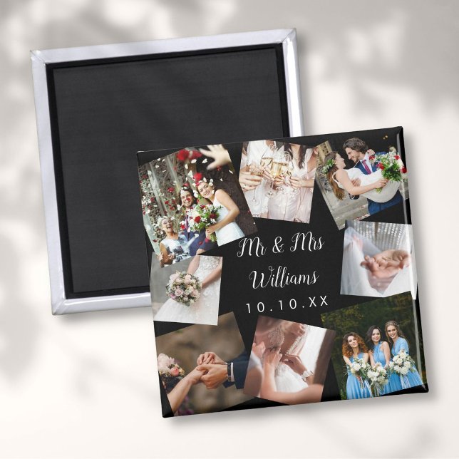Élégant Script M. Mme Mariage Photo Collage Magnet (Elegant Script Mr Mrs Wedding Photo Collage Magnet)
