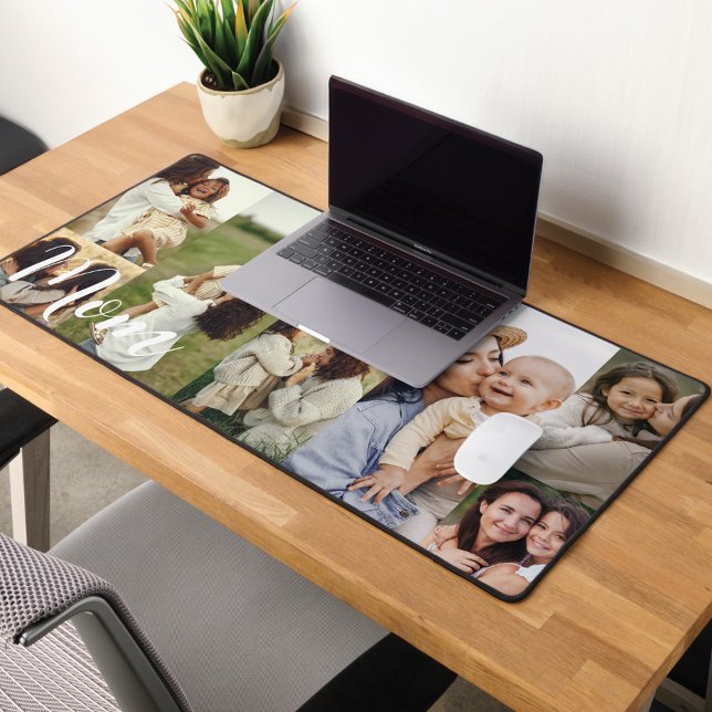 Élégant Script Maman Mise en page de la grille pho (Elegant Script Mom Photo Grid Layout Personalized Desk Mat)