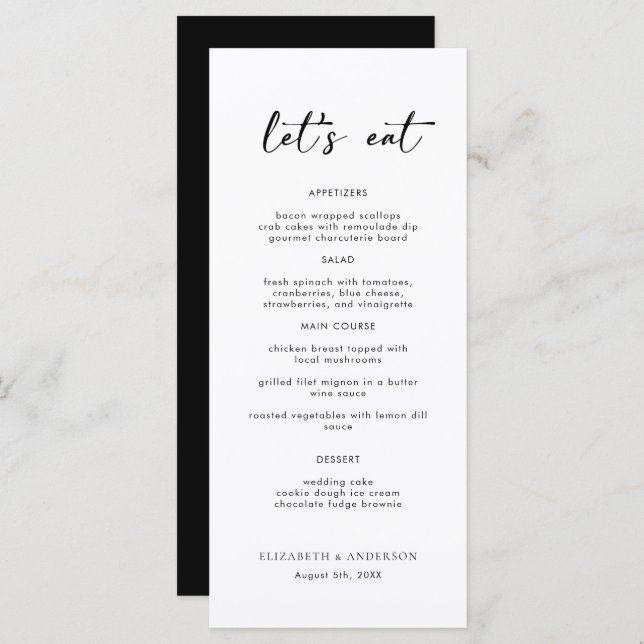 Élégant Script Mariage Diner Carte Menu (Devant / Derrière)