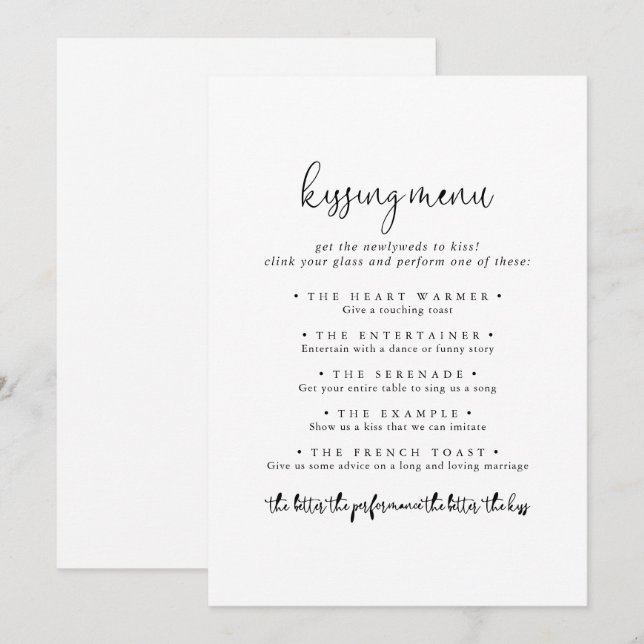 Élégant Script Mariage Kissing Menu Carte de jeu (Devant / Derrière)