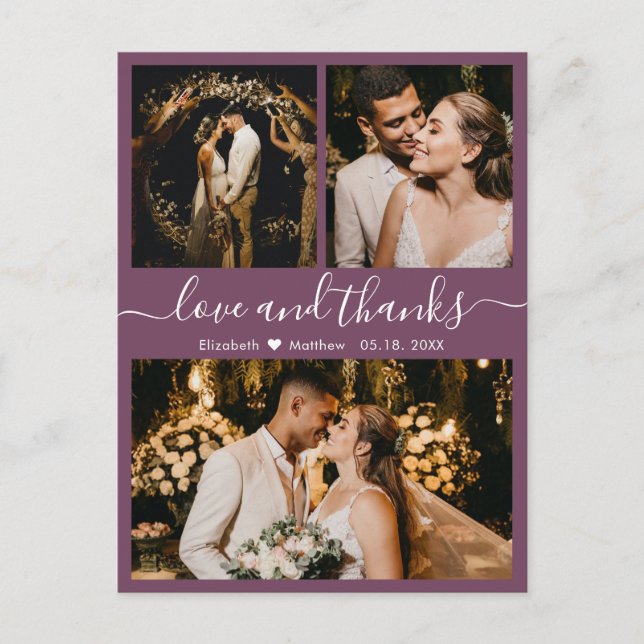 Élégant Script Mauve Mariage carte postale Merci (Devant)