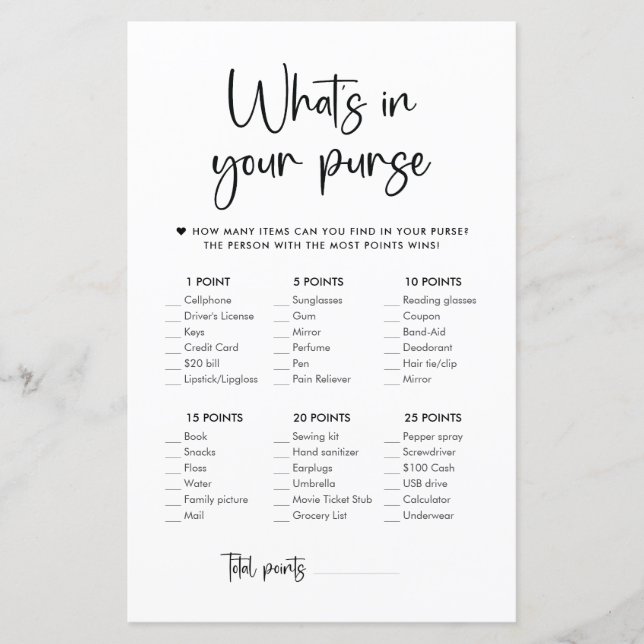 Élégant script moderne | What's In Your Purse Game (Devant)