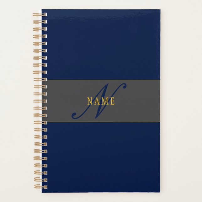 Élégant Script Monogram Dark Navy Blue Grey & Gold (Devant)