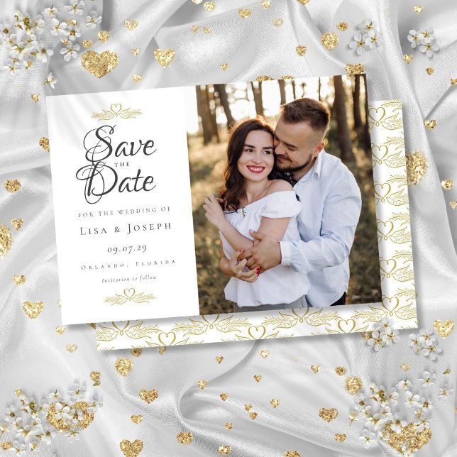 Élégant Script Photo Cœur Faire-Part  (Elegant Script Photo Gold Heart Save the Date Invitation)