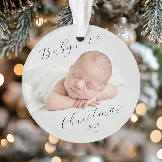 Élégant Script Photo Premier Noël de Bébé (Elegant Script Photo Baby's First Christmas Ornament)