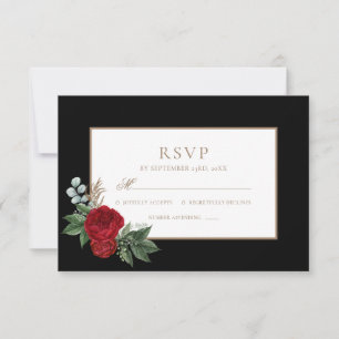 Élégant Script Red Peonies Black & Gold RSVP