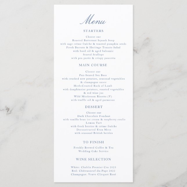 Elegant Script Wedding Menu Blue Toile Swans  (Devant)