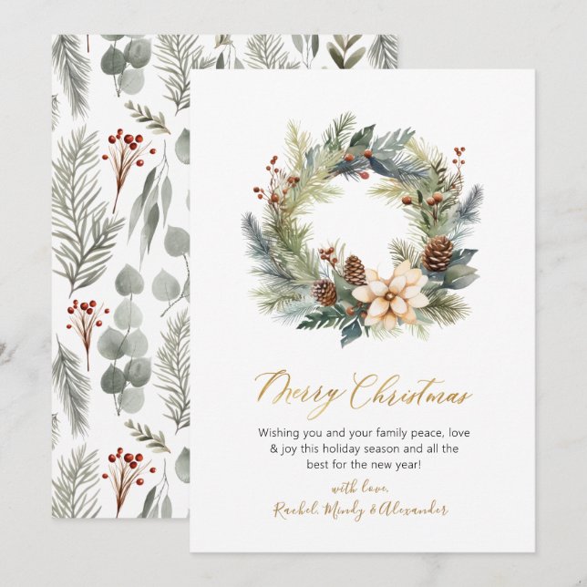 Élégant Script Wreath Green Carte de Noël (Devant / Derrière)