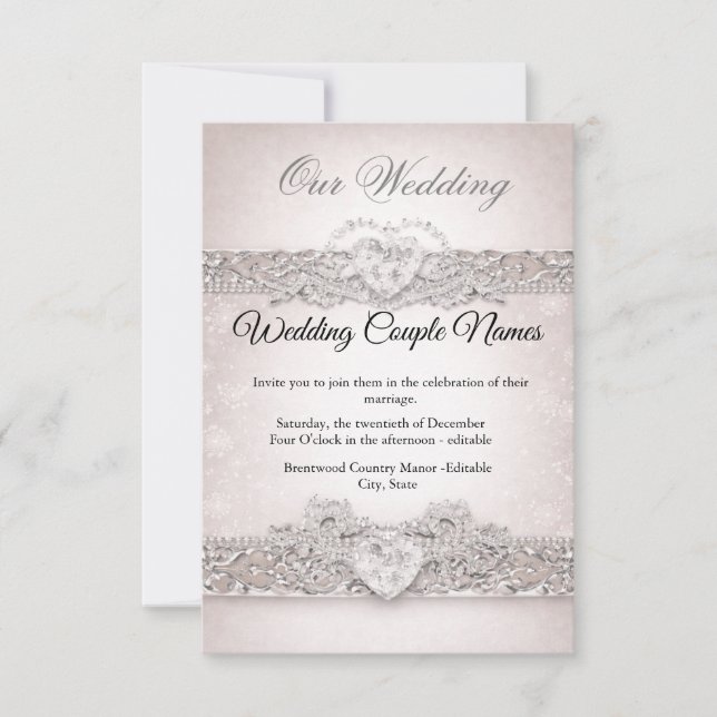 Elegant Silver Heart Wedding Invitations (Devant)