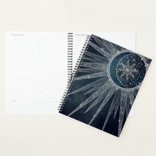 Elégant Silver Sun Moon Doodle Mandala Blue Desig