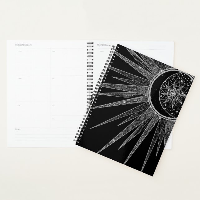 Elégant Silver Sun Moon Mandala Black Design (Devant avec enveloppe)
