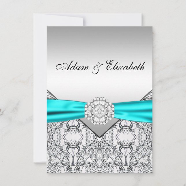 Elégant Silver Turquoise Blue Wedding Invitations (Devant)