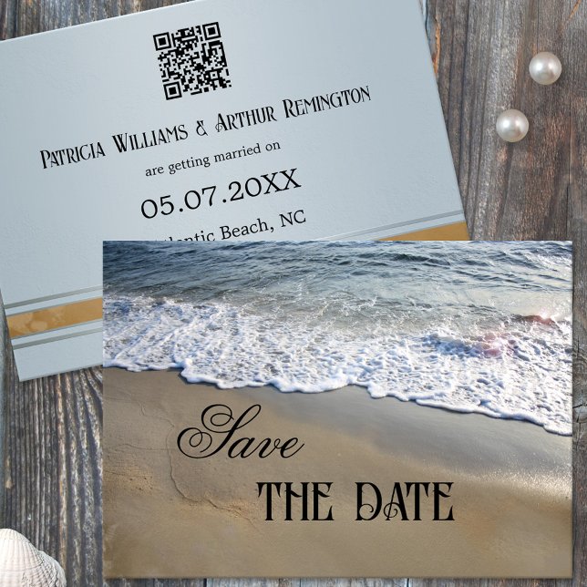 Elegant Simple Beach Enregistrer la carte Date (Save the Date card featuring waves on the beach on the front and a dusty blue design on the back)
