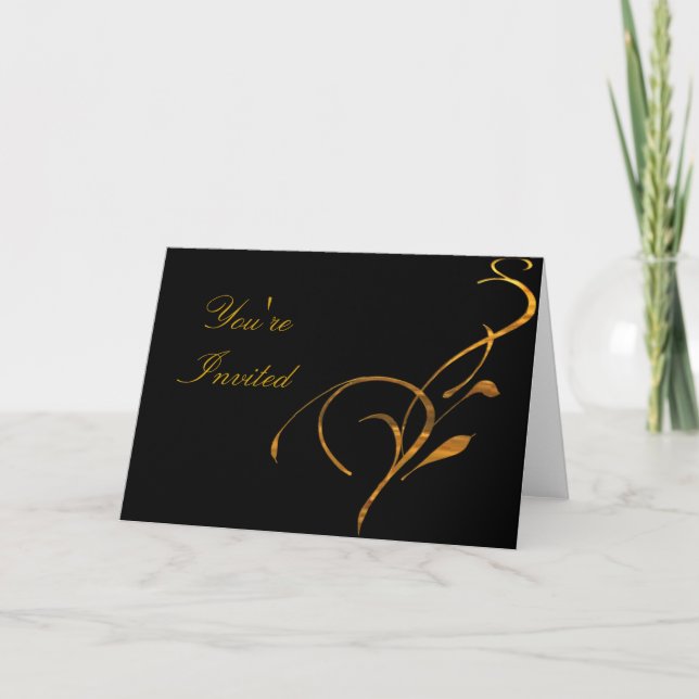 Élégant Simple Gold Scroll Black Invitation (Devant)