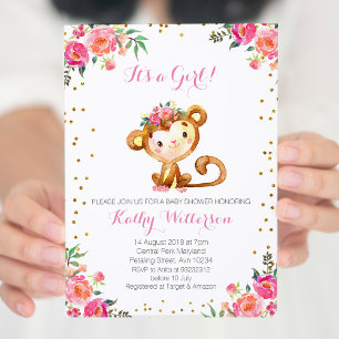 Elégant Singe Rose Baby Girl Douche Invitation