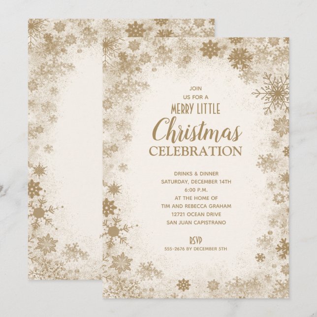 Élégant Snowflakes Gold Invitations de Noël (Devant / Derrière)