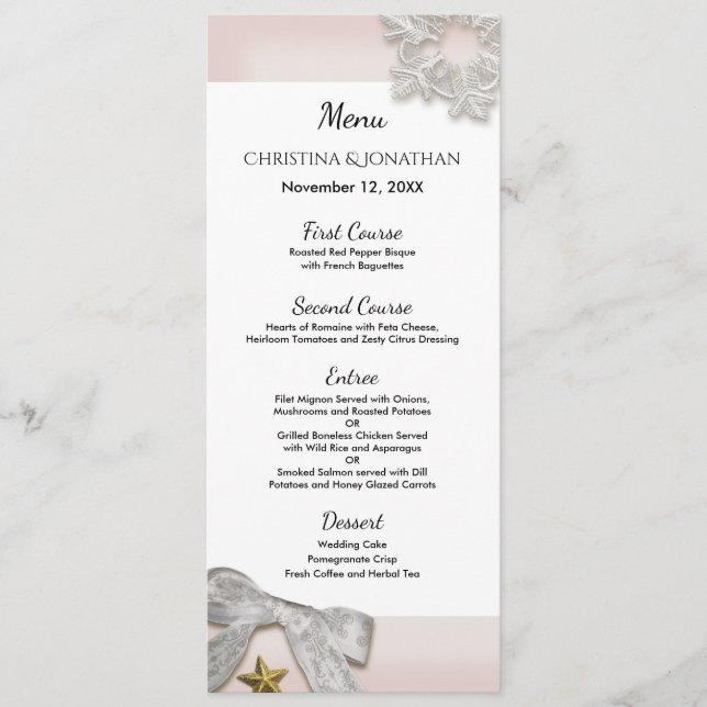 Élégant Snowflakes Menu de mariage hivernal (Devant)