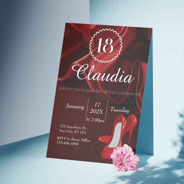 Élégant Soie Rouge & Invitation 18e Anniversaire B (Elegant Red Silk & Royal Blue 18th Birthday Invitation)